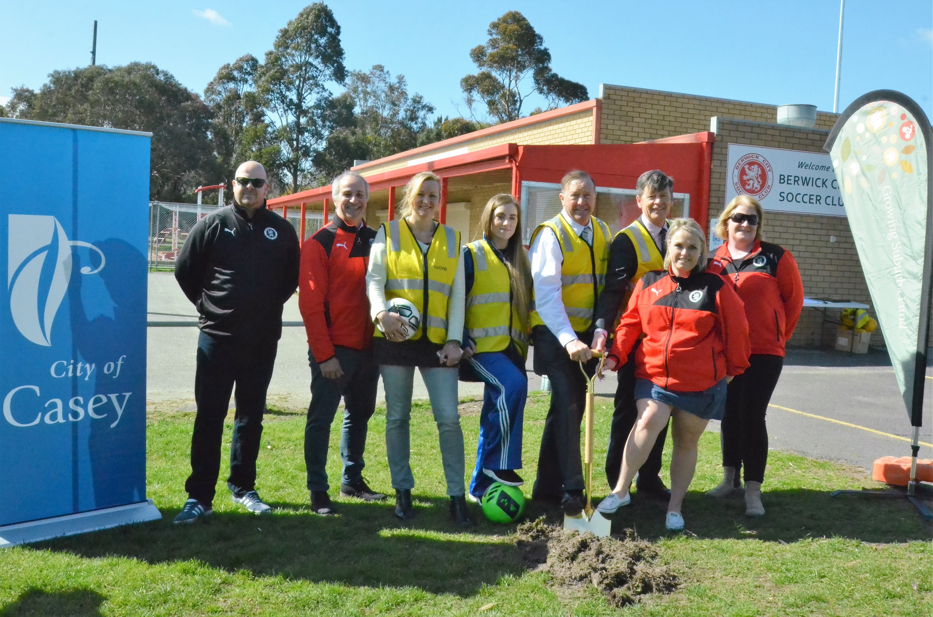 City of Casey Mayor Cr Geoff Ablett, Four Oaks Ward Councillors Rosalie Crestani and Milla Gilic, Member for Narre Warren North Luke Donnellan MP and members of the Berwick City Soccer Club celebrate the start of works on the new pavilion at Jack Thomas Reserve.